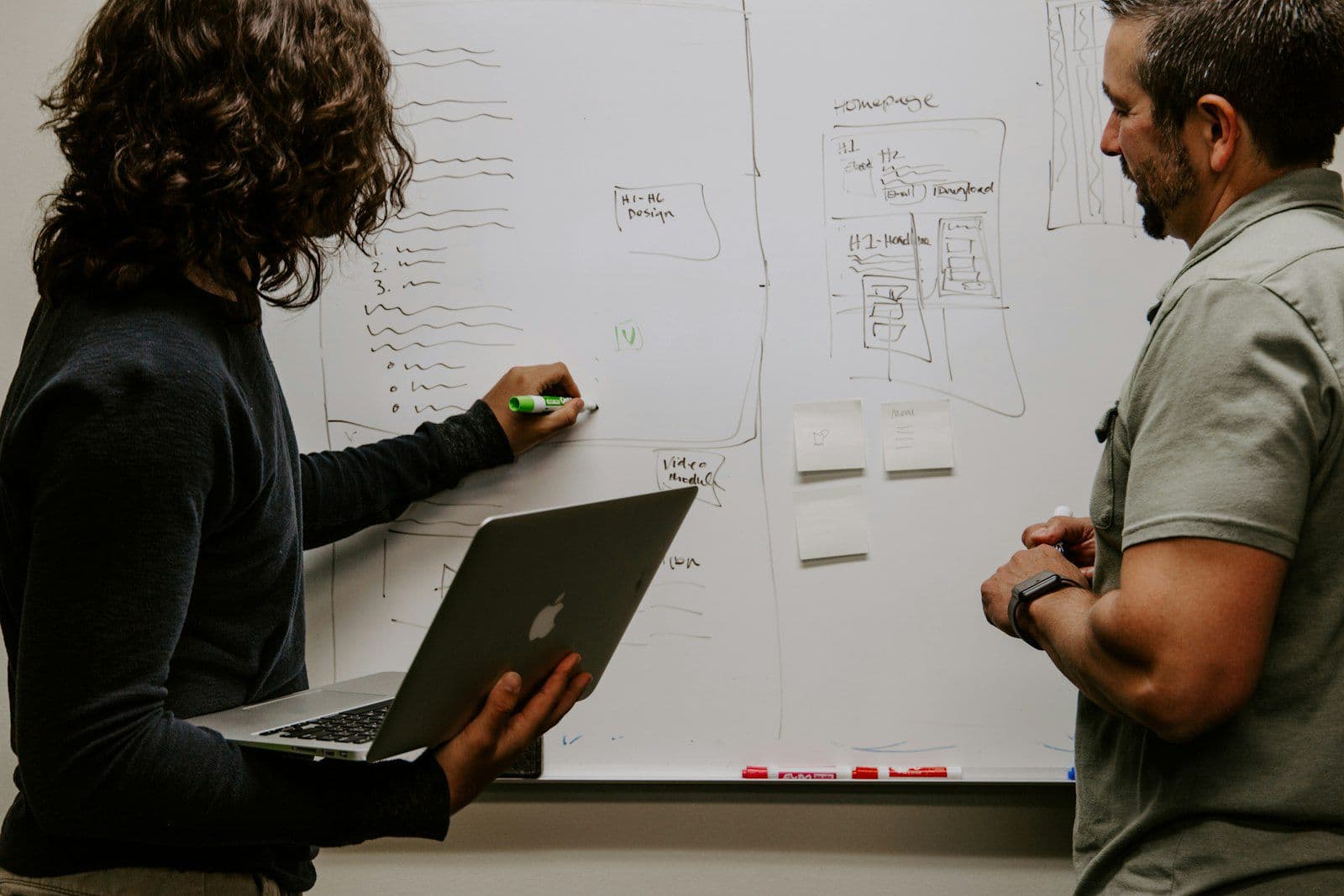 Two colleagues planning a project at a whiteboard